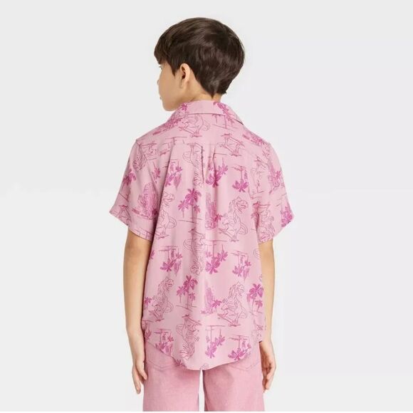 ⬇️⬇️⬇️Boys' Dino Tropical Button-Down Short Sleeve Resort Shirt - Pink - Picture 3 of 4